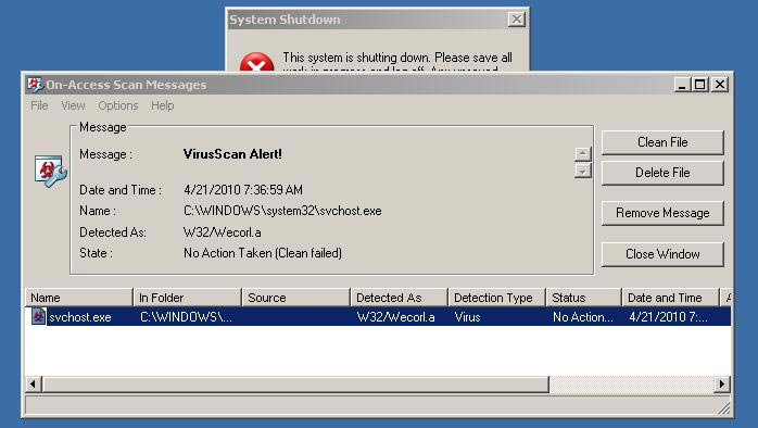 System shutdown. Virus Alert MCAFEE. On-access Scanner. MCAFEE virus detected.